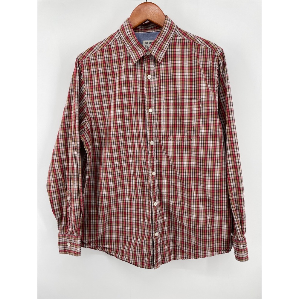Old Navy Plaid Button Down Mens Large Red Tan Long Sleeve Cotton Pocket Shirt